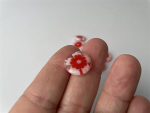 knap - gennemsigtig med rød / hvid blomst, 15 mm